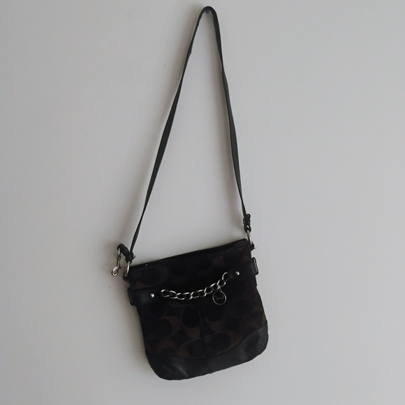 Coach Black Leather Dark Brown Canvas Signature Crossbody Bag Purse - Picture 11 of 15